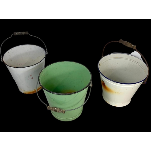 381 - 3 vintage enamel buckets with brass curtain rings.