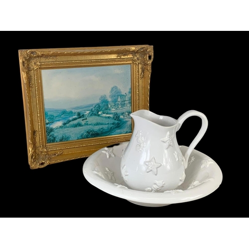 642 - A pottery jug and bowl with and ornate gilt framed print. Print measures 39 x 33cm