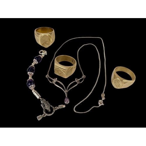 716 - 2 silver necklaces and 3 large brass rings