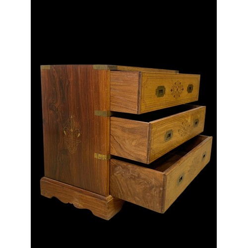 895 - A campaign style rosewood with brass inlaid 3 drawer chest.  63x33x51cm