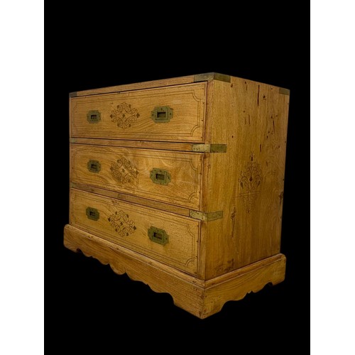 895 - A campaign style rosewood with brass inlaid 3 drawer chest.  63x33x51cm