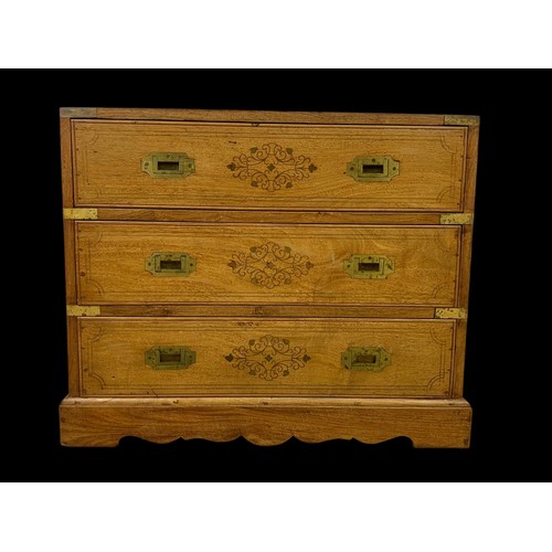 895 - A campaign style rosewood with brass inlaid 3 drawer chest.  63x33x51cm