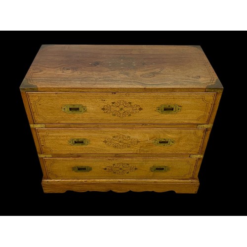 895 - A campaign style rosewood with brass inlaid 3 drawer chest.  63x33x51cm