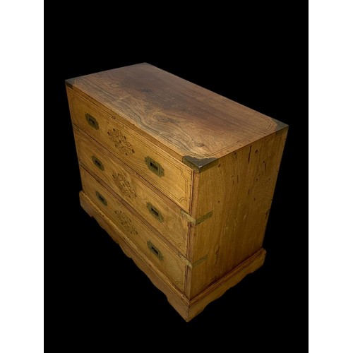 895 - A campaign style rosewood with brass inlaid 3 drawer chest.  63x33x51cm