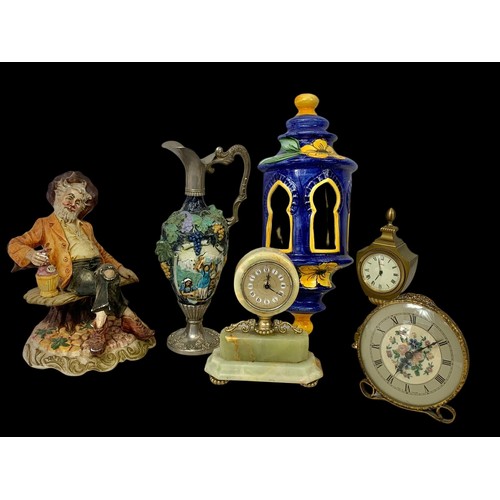 731 - Sundry lot of brass, onyx, clocks and pottery.