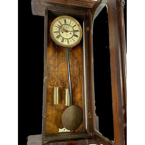 208h - A large Victorian Vienna wall clock with weights and pendulum 47x97cm.