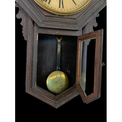 208k - A 19th century American Drop dial wall clock  by Ansonia Clock Company, New York with key and pendul... 