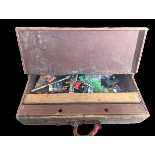 763 - Vintage wooden toolbox with contents. 76x43x18cm