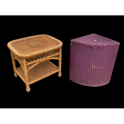 1184 - A vintage wicker hamper and a wicker coffee table. Table measures 62 x 51 x 53cm.