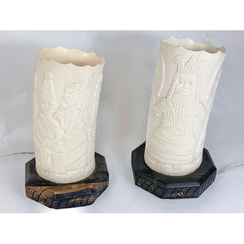 16 - A pair of faux ivory lamps on coromandel wood bases, 29.5cm