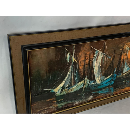 246 - A large mid century picture of sailing boats, 134cm x 54cm