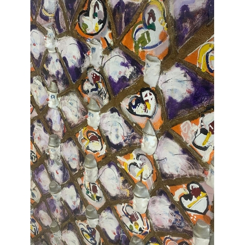 379 - A large oil painting with plaster clowns.  113x113cm