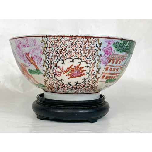 466 - Large late 19th century Chinese designed pottery bowl on stand. Not including stand, 25cm x 11.5cm