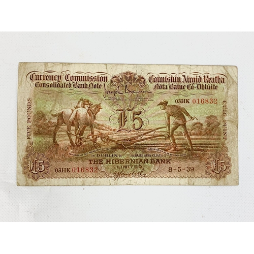 708 - The Hibernian Bank currency commission ploughman £5 note 1939