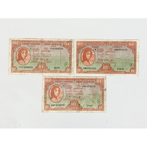 711 - 3 Lady Lavery currency commission 10 shilling notes, war codes. 1940, 1941, 1943