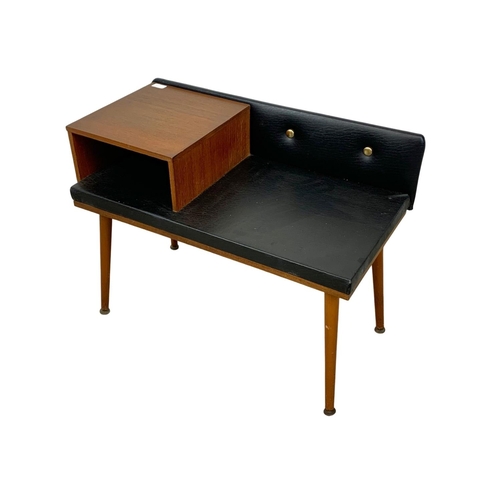 794 - Teak Mid Century telephone table with black vinyl seat. 74cm x 38.5cm x 56cm