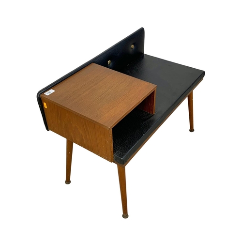 794 - Teak Mid Century telephone table with black vinyl seat. 74cm x 38.5cm x 56cm