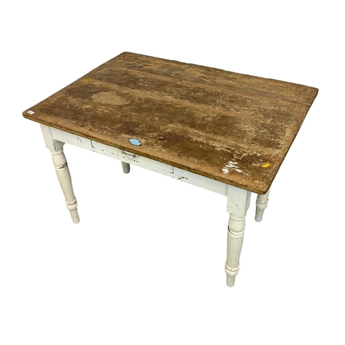 804 - A pine kitchen table circa 1900, 122cm x 66cm x 77cm