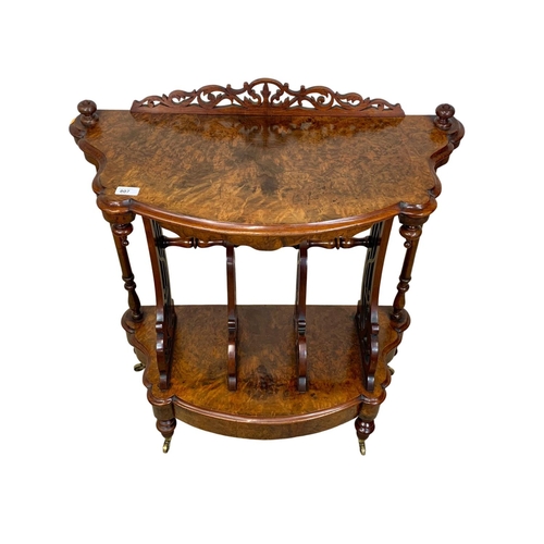 807 - A Victorian burr walnut Canterbury whatnot, 1860s. 77cm x 36cm x 92cm