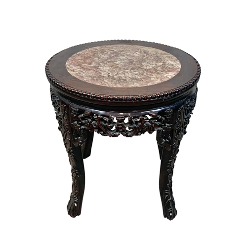 808 - A late 19th century carved Padauk and marble top side table, 43cm x 43cm