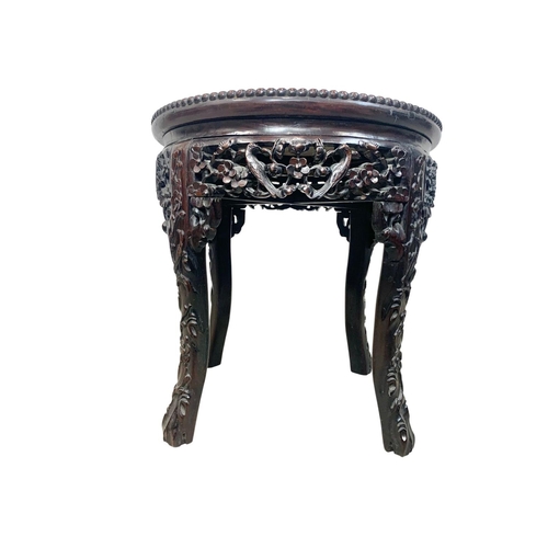 808 - A late 19th century carved Padauk and marble top side table, 43cm x 43cm