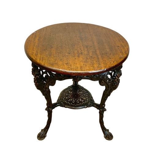 800a - A 19th century bar table with mahogany top and bronzed affect finish, 62cm x 72cm