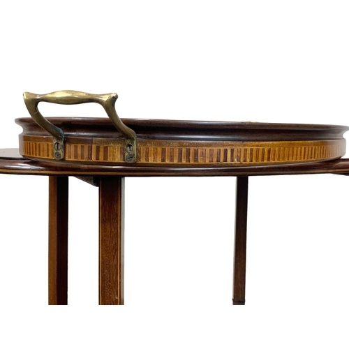 921a - An Edwardian inlaid 3 tier table with removable tray top in Sheraton style, 67cm x 38cm x 79cm