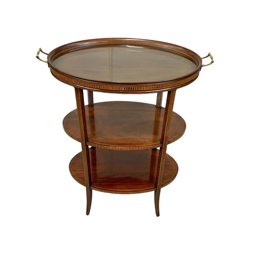 921a - An Edwardian inlaid 3 tier table with removable tray top in Sheraton style, 67cm x 38cm x 79cm