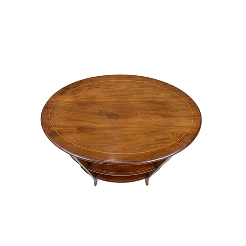 921a - An Edwardian inlaid 3 tier table with removable tray top in Sheraton style, 67cm x 38cm x 79cm