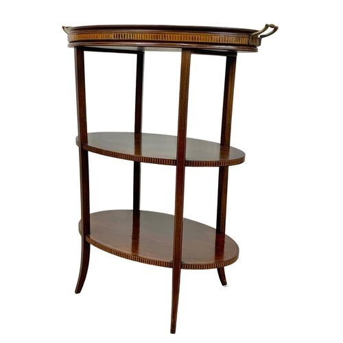 921a - An Edwardian inlaid 3 tier table with removable tray top in Sheraton style, 67cm x 38cm x 79cm