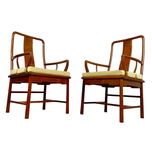 883a - Pair of vintage Chinese Ming style teak wedding chairs with original raw silk fitted cushions.