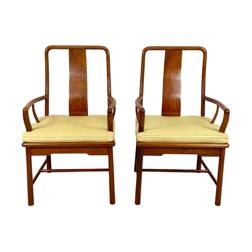 883a - Pair of vintage Chinese Ming style teak wedding chairs with original raw silk fitted cushions.