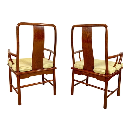 883a - Pair of vintage Chinese Ming style teak wedding chairs with original raw silk fitted cushions.