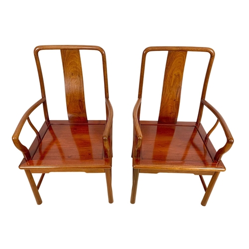 883a - Pair of vintage Chinese Ming style teak wedding chairs with original raw silk fitted cushions.