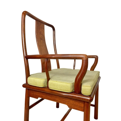 883a - Pair of vintage Chinese Ming style teak wedding chairs with original raw silk fitted cushions.