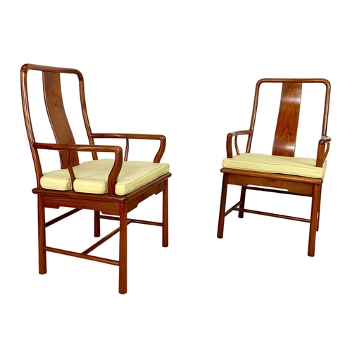 883a - Pair of vintage Chinese Ming style teak wedding chairs with original raw silk fitted cushions.