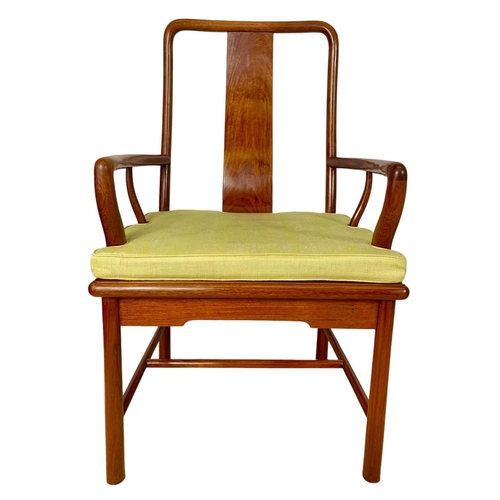 883a - Pair of vintage Chinese Ming style teak wedding chairs with original raw silk fitted cushions.