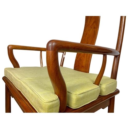 883a - Pair of vintage Chinese Ming style teak wedding chairs with original raw silk fitted cushions.