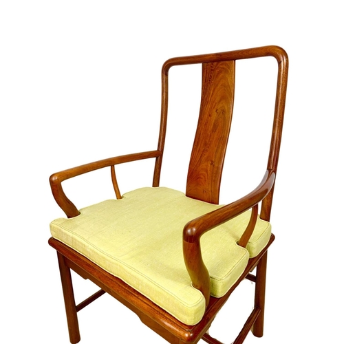 883a - Pair of vintage Chinese Ming style teak wedding chairs with original raw silk fitted cushions.