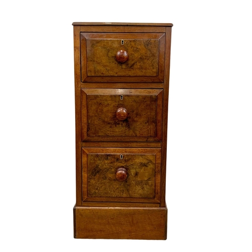 877a - An Edwardian walnut and mahogany 3 drawer pedestal, 37cm x 49cm x 84cm