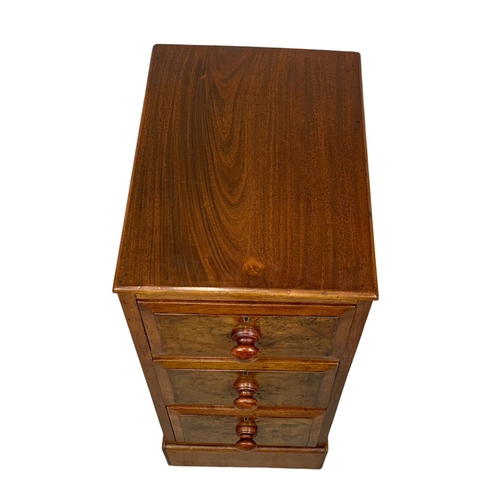 877a - An Edwardian walnut and mahogany 3 drawer pedestal, 37cm x 49cm x 84cm