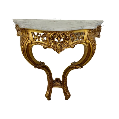 1071 - An 18th century style marble top console table with Rococo influence. 92x40x96cm