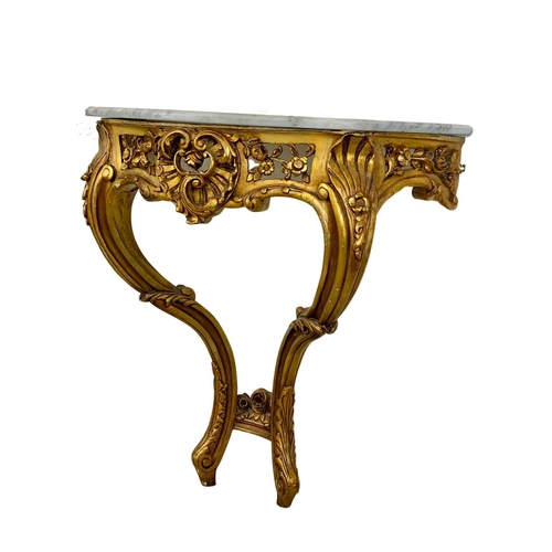 1071 - An 18th century style marble top console table with Rococo influence. 92x40x96cm