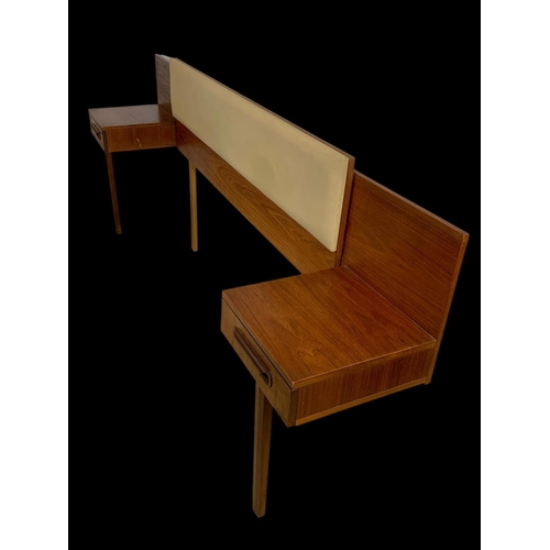 1076 - A teak headboard with 2 attached bedsides and leather back board. Mid century. Circa 1970. 220cm.