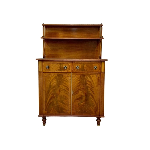 1077 - A Regency style Step Back inlaid mahogany chiffonier with brass gallery. 85.5 x 44 x 133cm.  Key in ... 