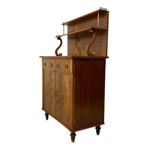 1077 - A Regency style Step Back inlaid mahogany chiffonier with brass gallery. 85.5 x 44 x 133cm.  Key in ... 