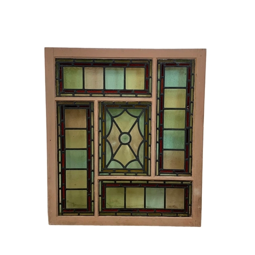 28 - A large Victorian stained and lead glass panel in a wooden frame. 86.5 x 98.5cm.