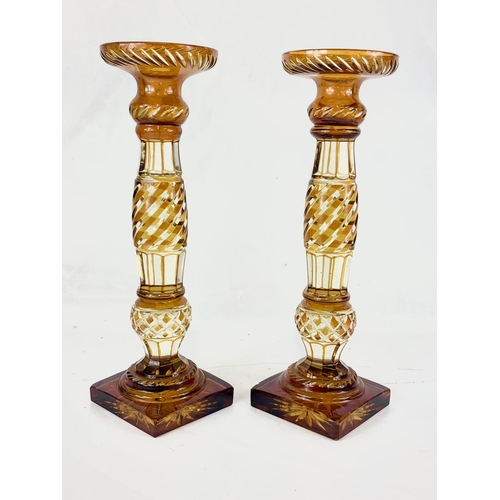 3 - A pair of large Victorian Amber Glass candlesticks, 36.5cm