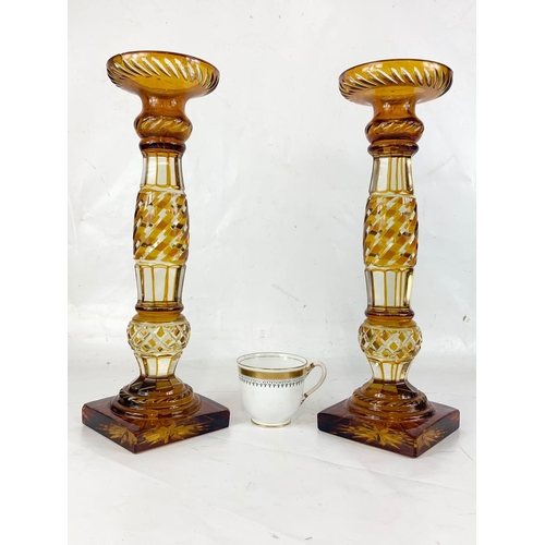 3 - A pair of large Victorian Amber Glass candlesticks, 36.5cm