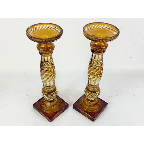 3 - A pair of large Victorian Amber Glass candlesticks, 36.5cm